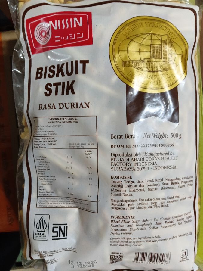 NISSIN STICK DURIAN-MADU 500GR