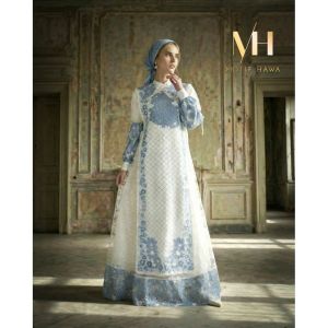 Motif Hawa Lovella Series Gamis+ long vest + Scarf ( BLUE WHITE)