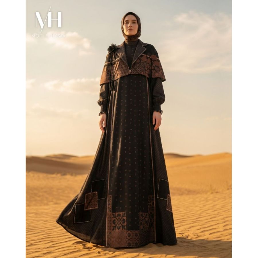 Motif Hawa VALENTINA series Gamis + outer cape + Scarf (BLACK)