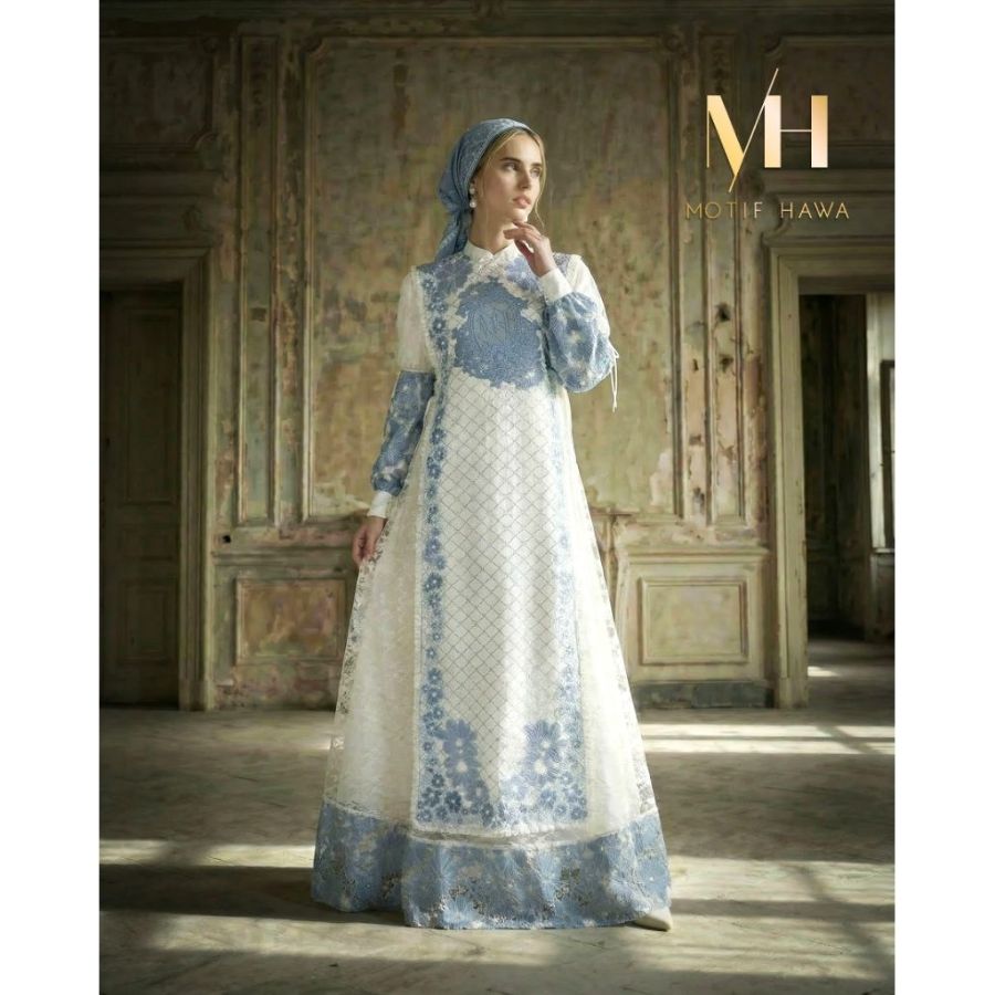 Motif Hawa Lovella Series Gamis+ long vest + Scarf ( BLUE WHITE)