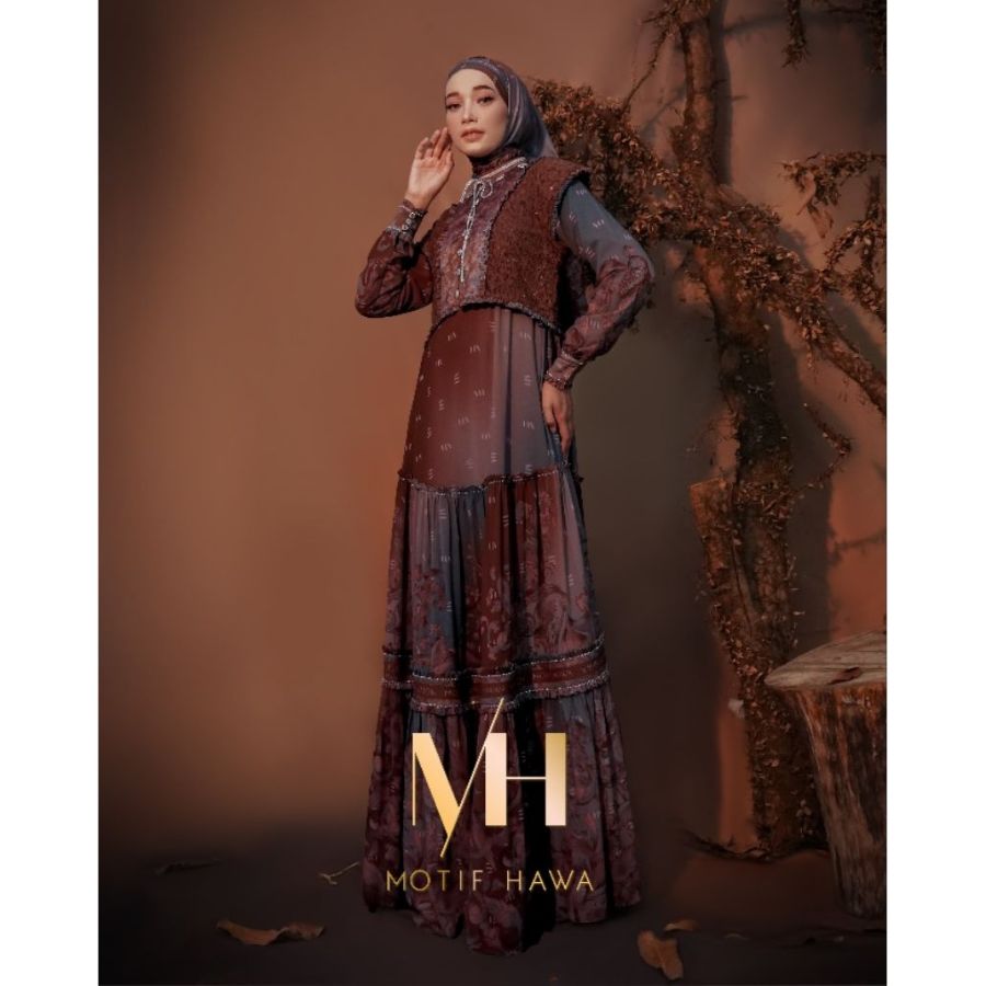 Motif Hawa ARUNIKA Series Gamis + Vest + scarf (BROWN)