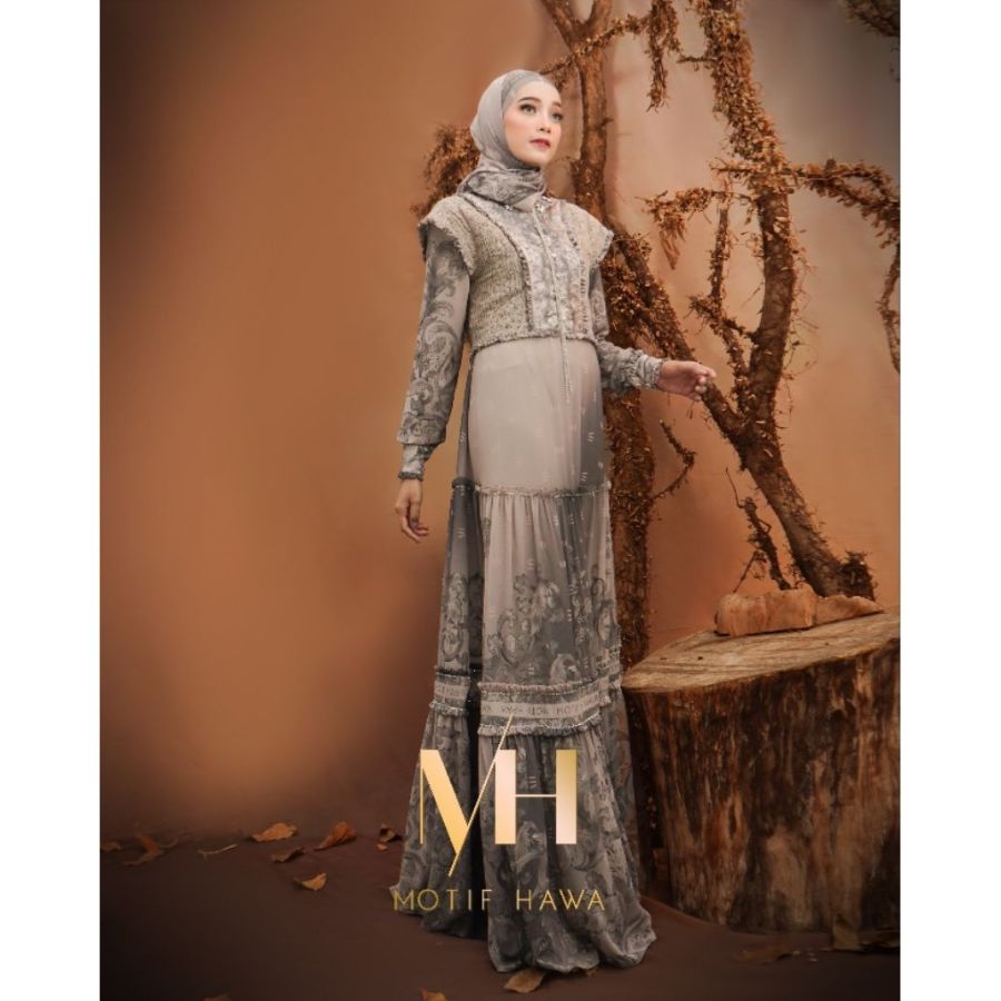 Motif Hawa ARUNIKA Series Gamis + Vest + scarf (GREY)