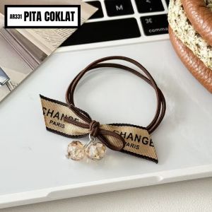 Ikat Rambut Ponytail Karet Rambut Motif Pita Bunga Aksesoris Rambut Wanita MCO-Pita Coklat