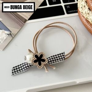 Ikat Rambut Ponytail Karet Rambut Motif Pita Bunga Aksesoris Rambut Wanita MCO-Bunga Beige