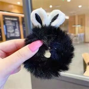 HC Ikat Rambut Anak Telinga Rabbit Bulu Halus Kunciran Wanita Kuping Kelinci Elastis Karet-Hitam