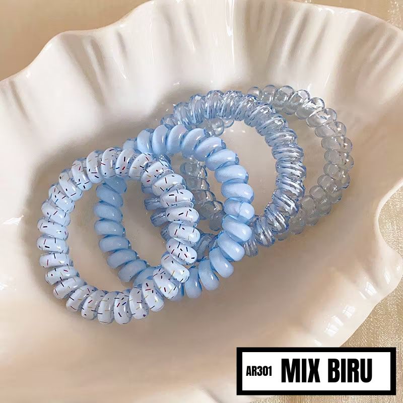 Set Karet Rambut Spiral Isi 4 Ikat Rambut Glossy Motif Aksesoris Fashion MCO-Biru