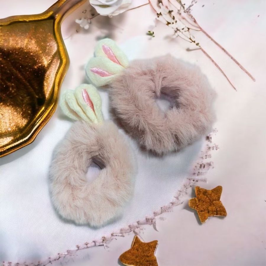 HC Ikat Rambut Anak Telinga Rabbit Bulu Halus Kunciran Wanita Kuping Kelinci Elastis Karet-Pink