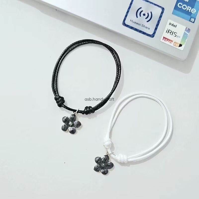 ASB Gelang Tali Korea Premium Waterproof Charm Bunga Enamel Hitam premium-Hitam