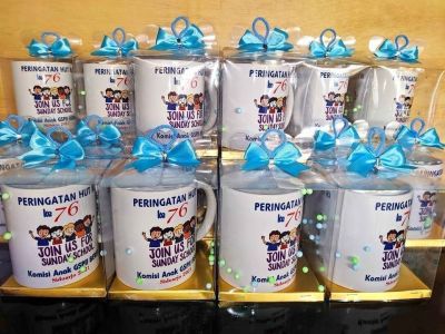 (minim 50pcs) souvenir mug keramik kemasan mika sablon 