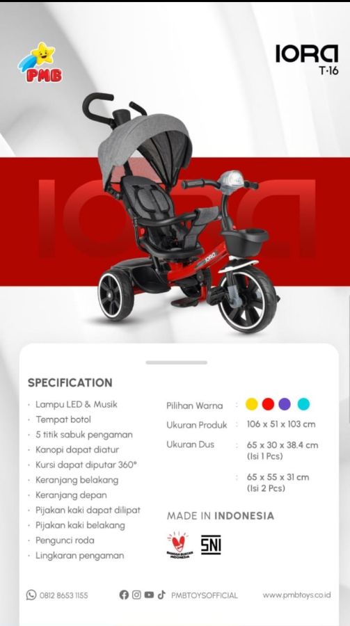 T 16 Merah Stroller sepeda Iora Fitur komplit