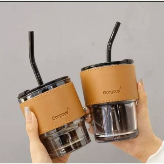 Gelas Tumbler Aestetik Gorgeous gelas kaca leather sedotan