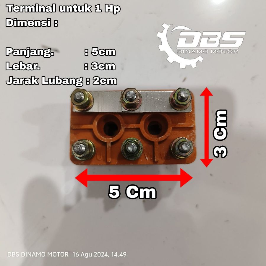 Terminal untuk dinamo 3 phase ( P 5cm, L 3cm, Jarak Lubang Baut 2cm ) )