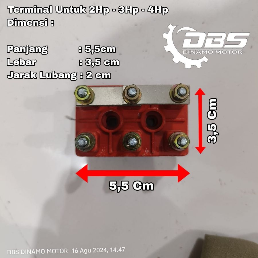 Terminal untuk dinamo 3 phase ( P 5,5cm, L 3,5cm, Jarak Lubang Baut 2cm ) 