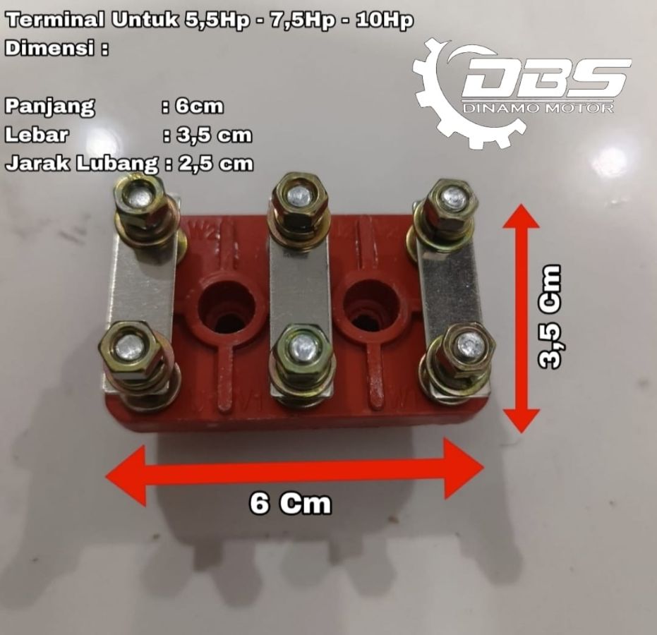 Terminal untuk dinamo 3 phase ( P 6cm, L 3,5cm, Jarak Lubang Baut 2,5cm ) 