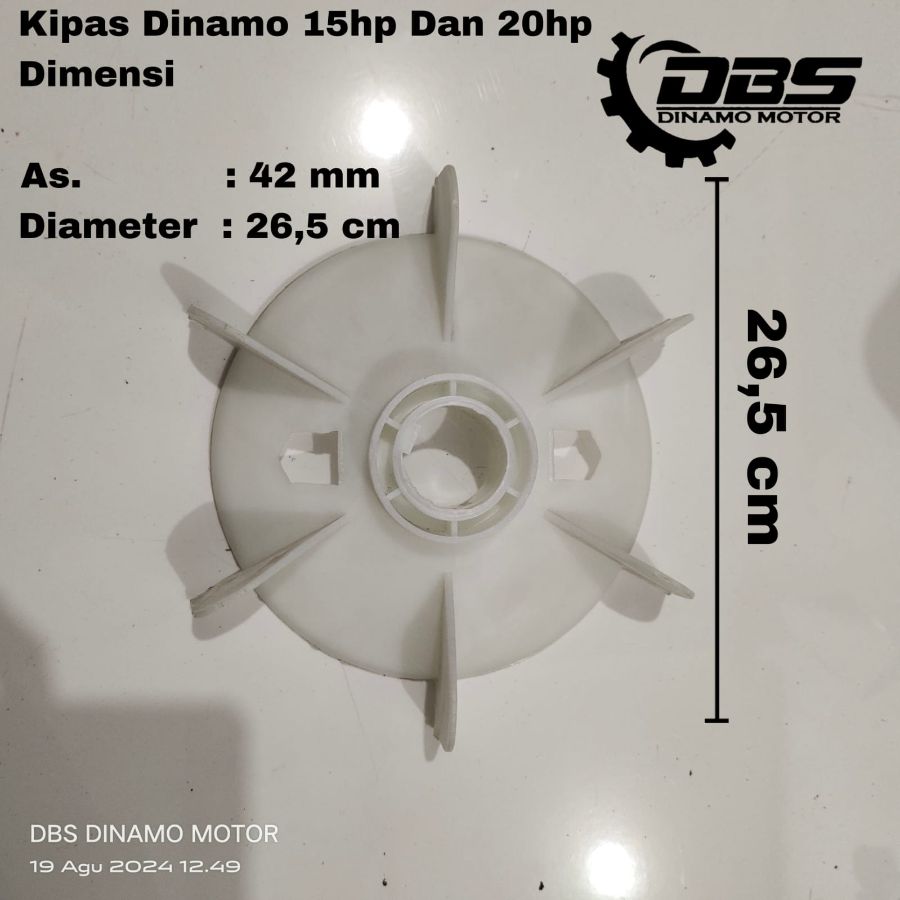 Kipas belakang untuk  dinamo 3 phase ( As = 42 mm, DD = 22 cm, DL = 26.5 cm )