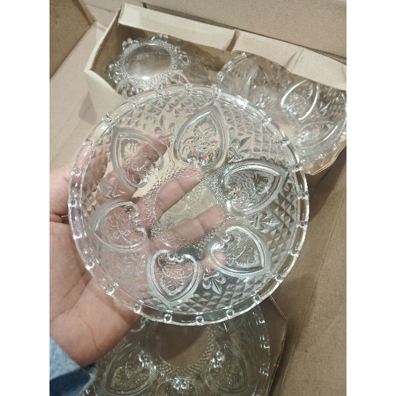 Mangkok kaca motif crystal mahkota isi 6 pcs free bubblewrap - mangkok kaki souvenir