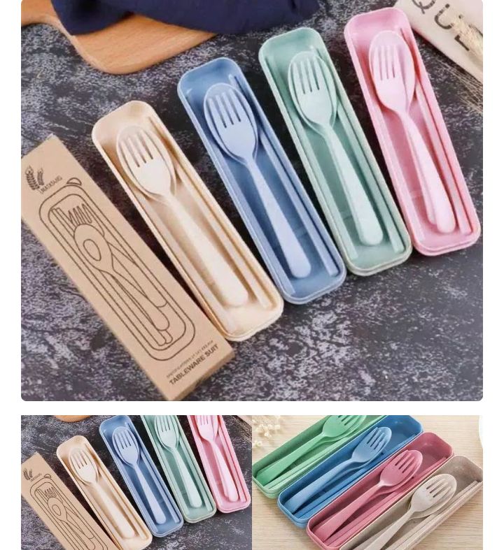 (go green) set sendok garbu sumpit portable jerami gandum