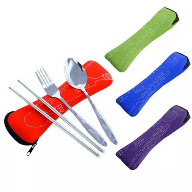 1 set sendok garpu sumpit+pouch tebal 4in1