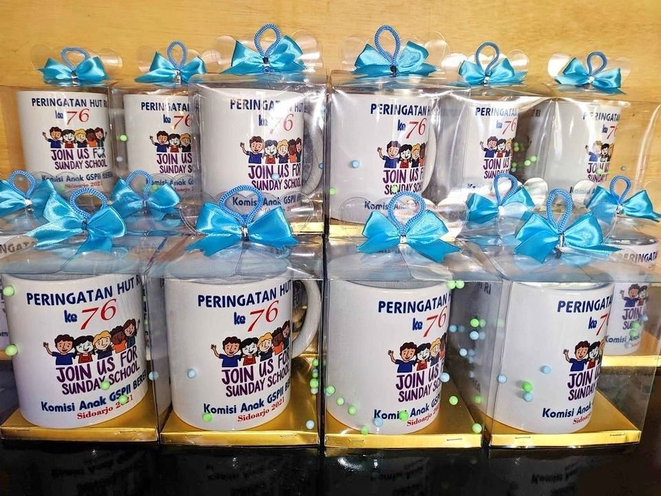 (minim 50pcs) souvenir mug keramik kemasan mika sablon 