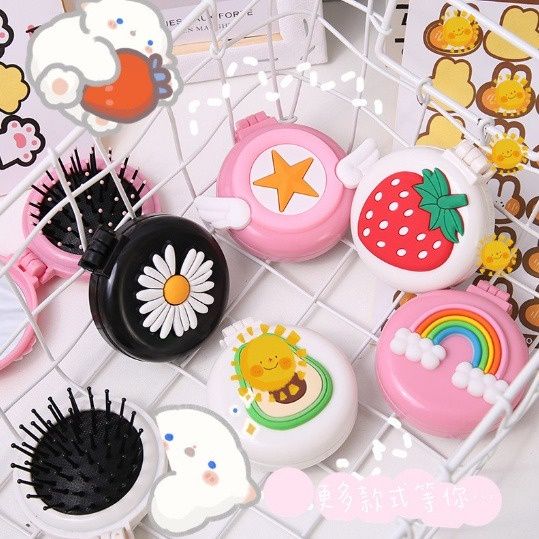Sisir Rambut Lipat Bulat 2 IN 1 Sisir Rambut Karakter Dengan Cermin Ala Korea Sisir Portable Murah