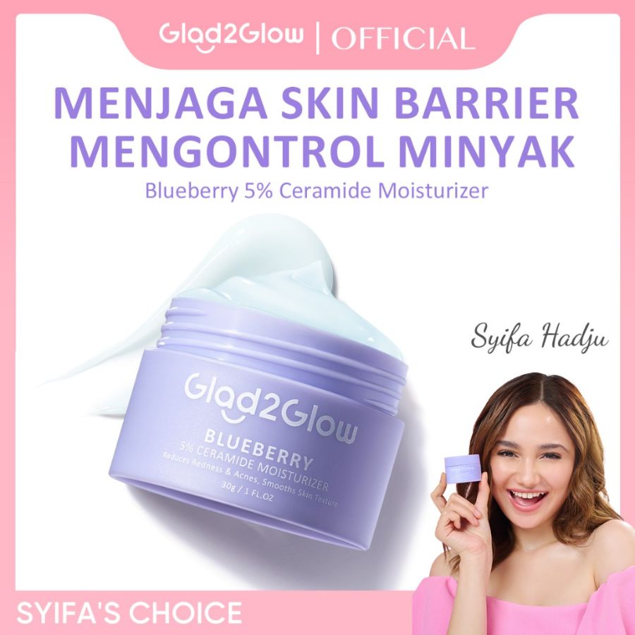 Glad2Glow 5% Blueberry Moisturizer Cream 5x Ceramide Skin Barrier Repair 30g Pelembab Wajah Pemutih Wajah Facial Moisturizer Day