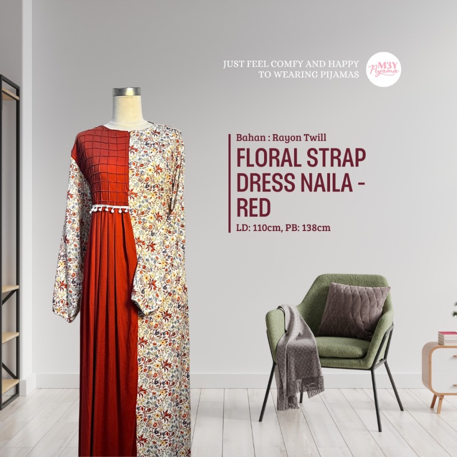 Rayon Twill Floral Strap Dress Naila - Red