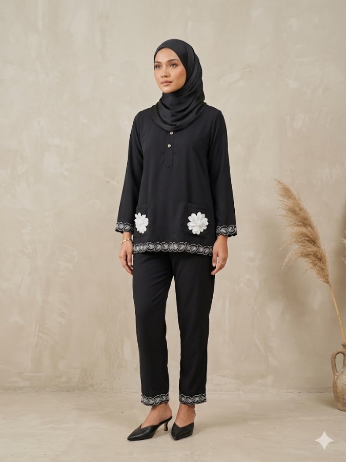 Setelan Bw Leave Flower - Black