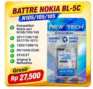 BATT NOKIA BL-5C/N105/105/105 2017/150/130 2017/TA-1017/1202/1208/1600/1650/2330/2310/2700/3110100A  *(NEWTECH PLATINUM DOUBLE IC)*