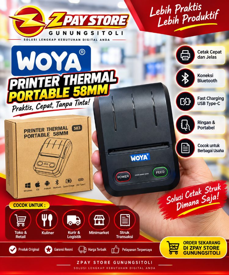 WOYA PRINTER THERMAL PORTABLE 58MM + BATRE 