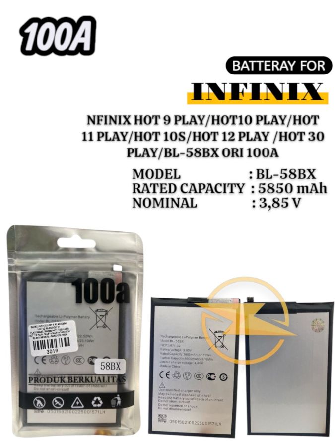 BATRE INFINIX HOT 9 PLAY/X680/HOT10 PLAY/HOT 11 PLAY/X688C/X688B/HOT 10S/X689/HOT 12 PLAY /X6816/X6816C/HOT 30 PLAY/X6835/BL-58BX ORI 100A