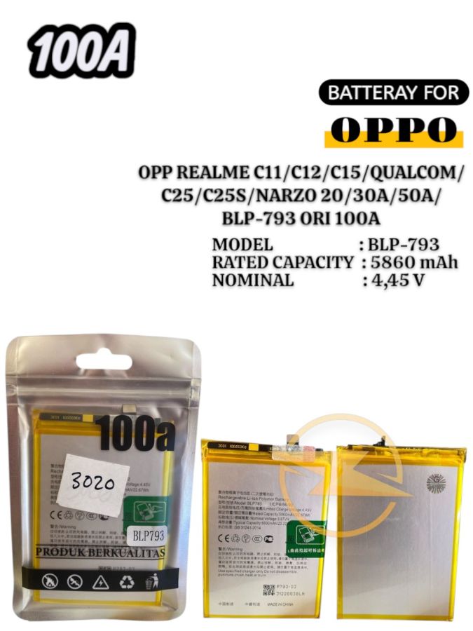 BATRE OPP REALME C11/C12/C15/QUALCOM/C25/C25S/NARZO 20/30A/50A/BLP-793 ORI 100A