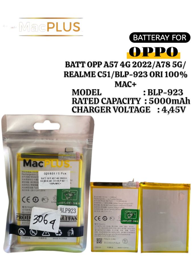 BATT OPP A57 4G 2022/A785G/REALME C51/BLP-923 ORI 100% MAC+
