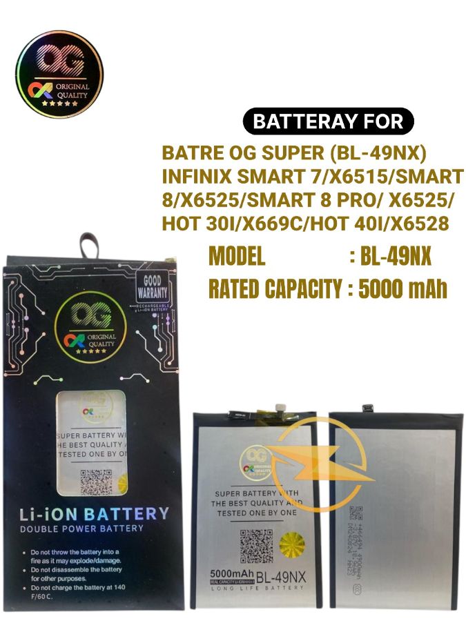 Batre og super (bl-49nx) infinix smart 7/x6515/smart 8/x6525/smart 8 pro/x6525b/hot 30i/x669c/hot 40i/x6528